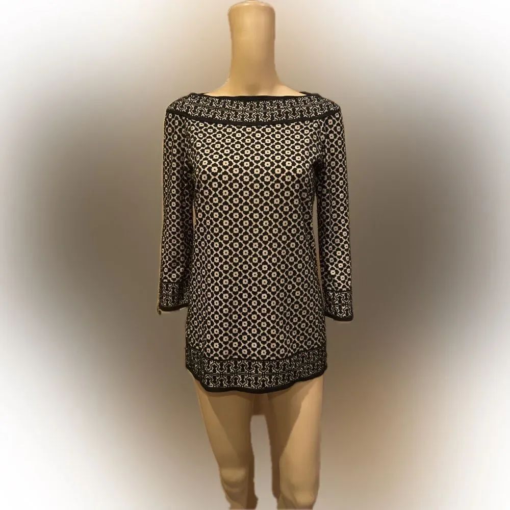 Max Studio Black Beige Women’s Boho Longsleeve Top sz S